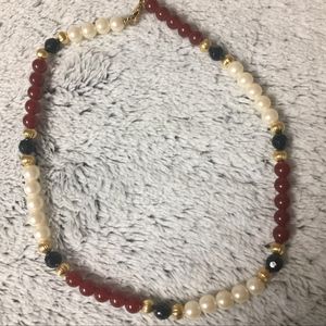 Maroon/Cream/Black/Gold Beaded Necklace